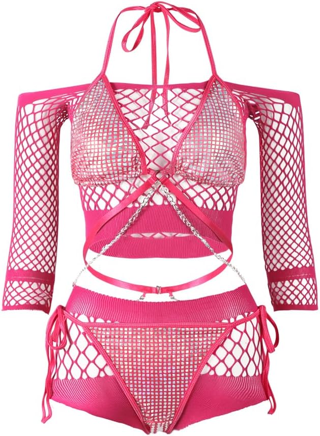 SIQITECHNO Women Sexy Mesh Lingerie Set See Through Fishnet Bodysuit Shiny Lace Up Halter Top with Panties Rave Outfits