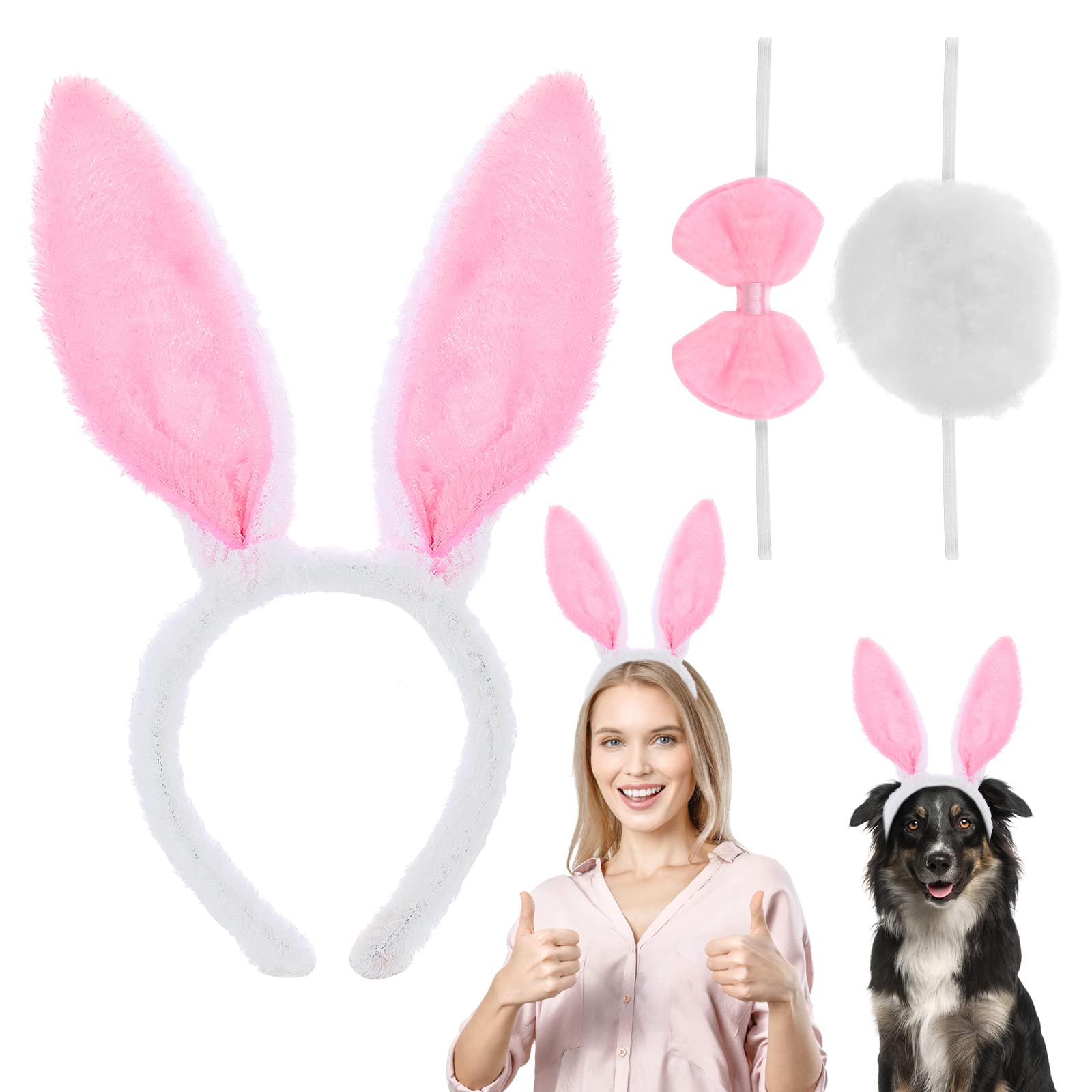 Set De 3 Piezas: Diadema De Orejas De Conejo, Lazo Y Cola Esponjosa – Disfraz De Pascua Y Cosplay En Rosa Y Blanco Para Niños Y Adultos