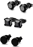 Conjunto de 3 pares de brincos para homens, mulheres e homens, aço inoxidável, quadrado, redondo, diamante, zircônia cúbica, perfurados