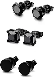 Conjunto de 3 pares de brincos para homens, mulheres e homens, aço inoxidável, quadrado, redondo, diamante, zircônia cúbica, perfurados