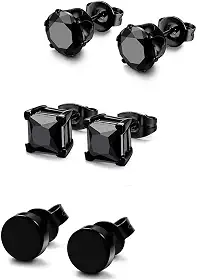 Conjunto de 3 pares de brincos para homens, mulheres e homens, aço inoxidável, quadrado, redondo, diamante, zircônia cúbica, perfurados