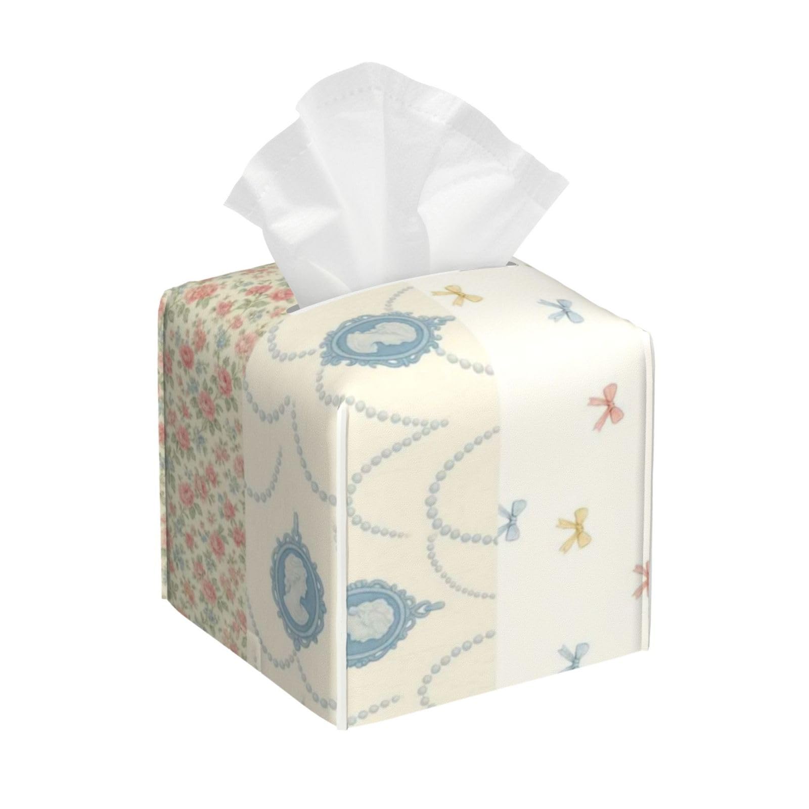 Floral Chintz Bows Patterns Tissue Box Cover 5" Square Leather Tissue Holder Facial Tissue Case for Tabletop Bedroom Bathroom Desk Decor