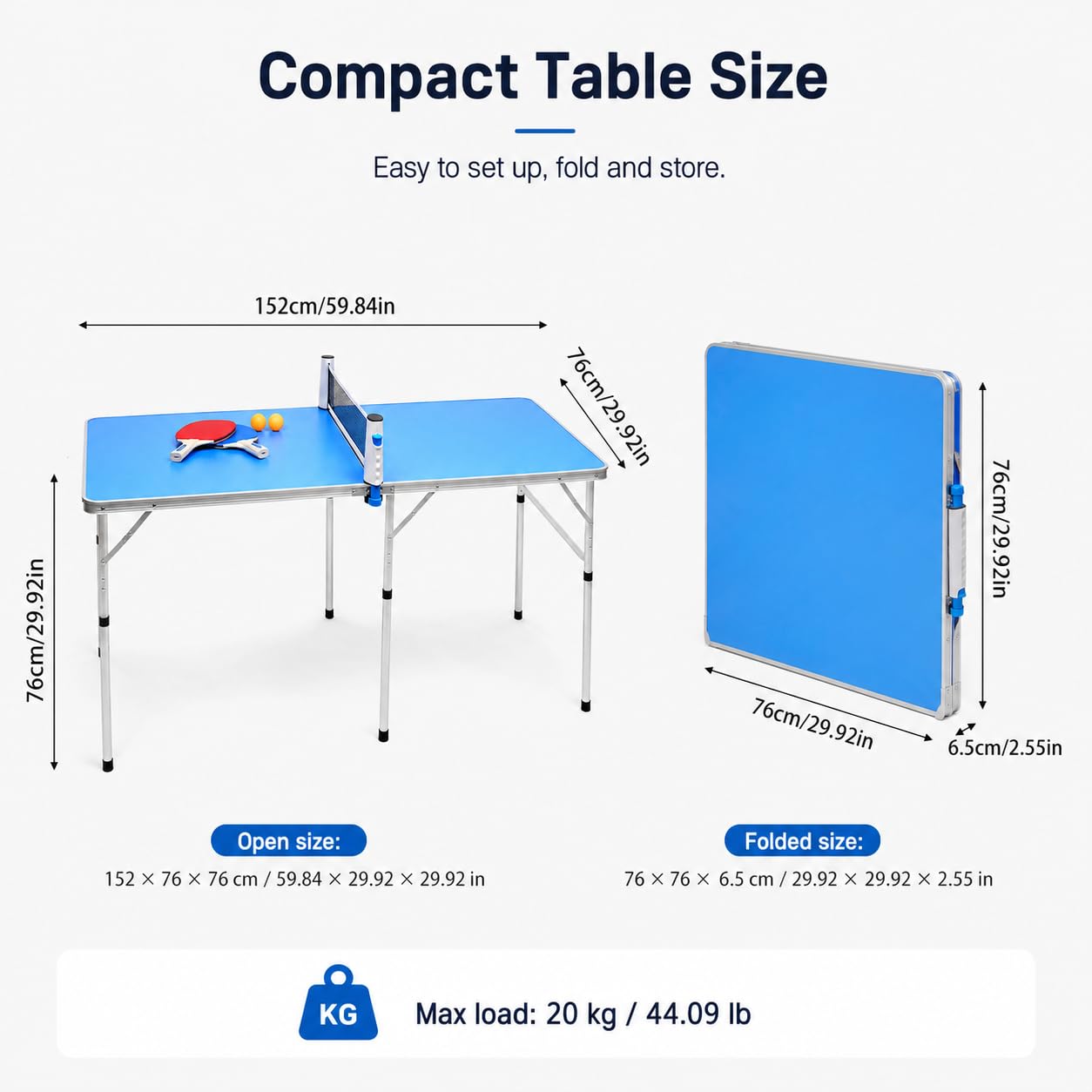 Mini tavolo da ping pong pieghevole, 152 x 76 x 76 cm, tavolo da ping pong portatile con 6 gambe e 3 stabilizzatori, con rete, 2 racchette e 3 palline, per interni ed esterni, per bambini e adulti