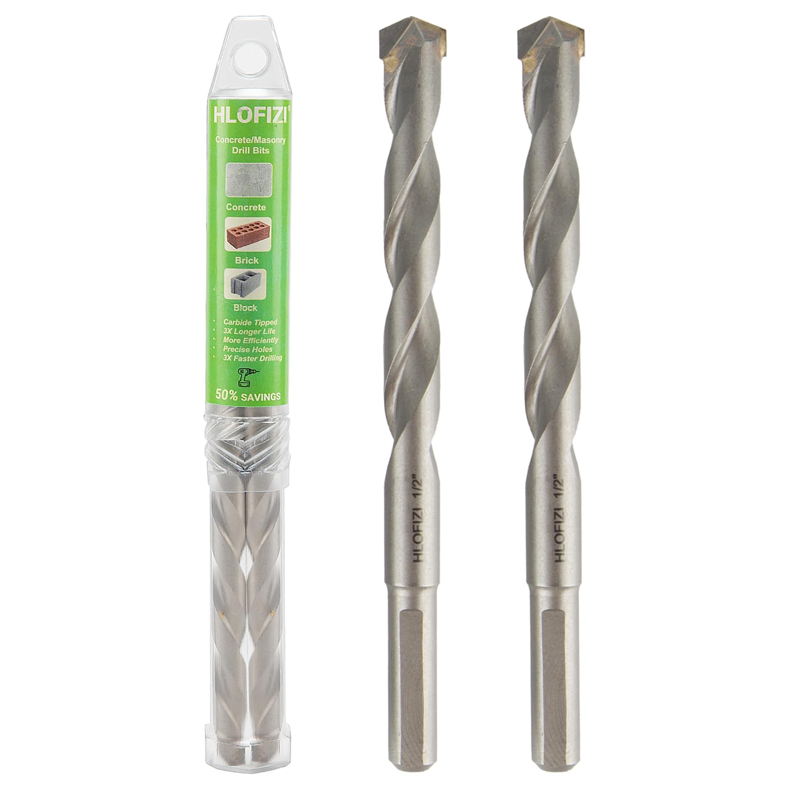 Photo 1 of HLOFIZI 1/2" x 6" Masonry Drill Bits 1/2 inch Concrete Hammer Drill Bits Carbide Tipped, for Cement, Brick, Stone, 2 Pack