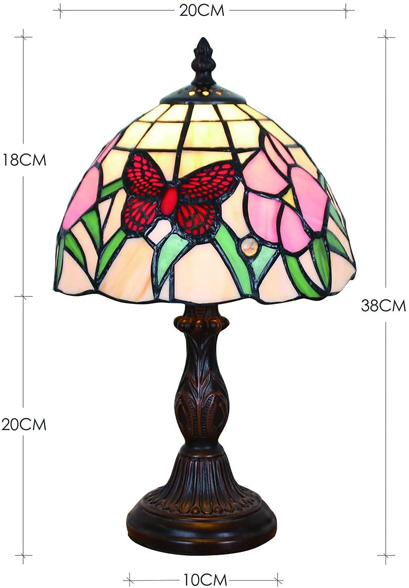 Tischlampe kleine im Tiffany Stil,Vintage Nachttischlampe,Schlafzimmer Deko Lampe,Jugendstil Tischleuchte,Schmetterling Blume Buntglas Lampenschirm mit 20cm / 8 Zoll Mit E14 LED Birne