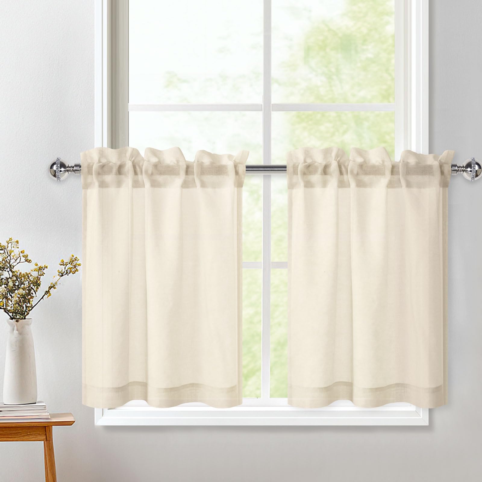 DWCN Beige Net Curtains for Windows 30 Inch Drop, Rod Pocket Cafe Kitchen Curtains, Voile Light Filtering Short Curtain Tier 2 Panels for Bathroom Cupboard Base Half Window Christmas, W26xL30 Inch