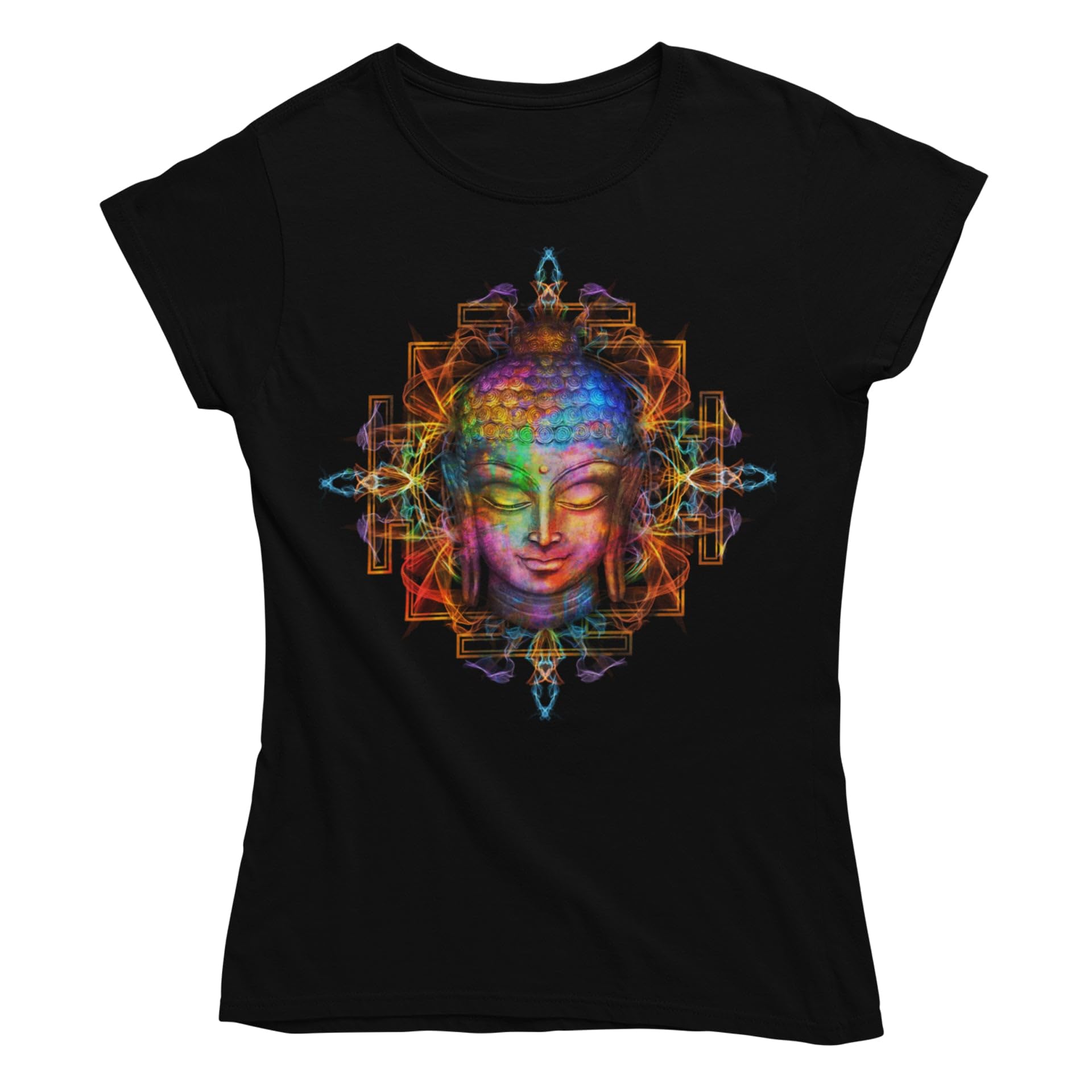 Tribal T-Shirts Women's Black Electric Buddha Psychedelic T-Shirt - Buddhist Yoga Meditation M