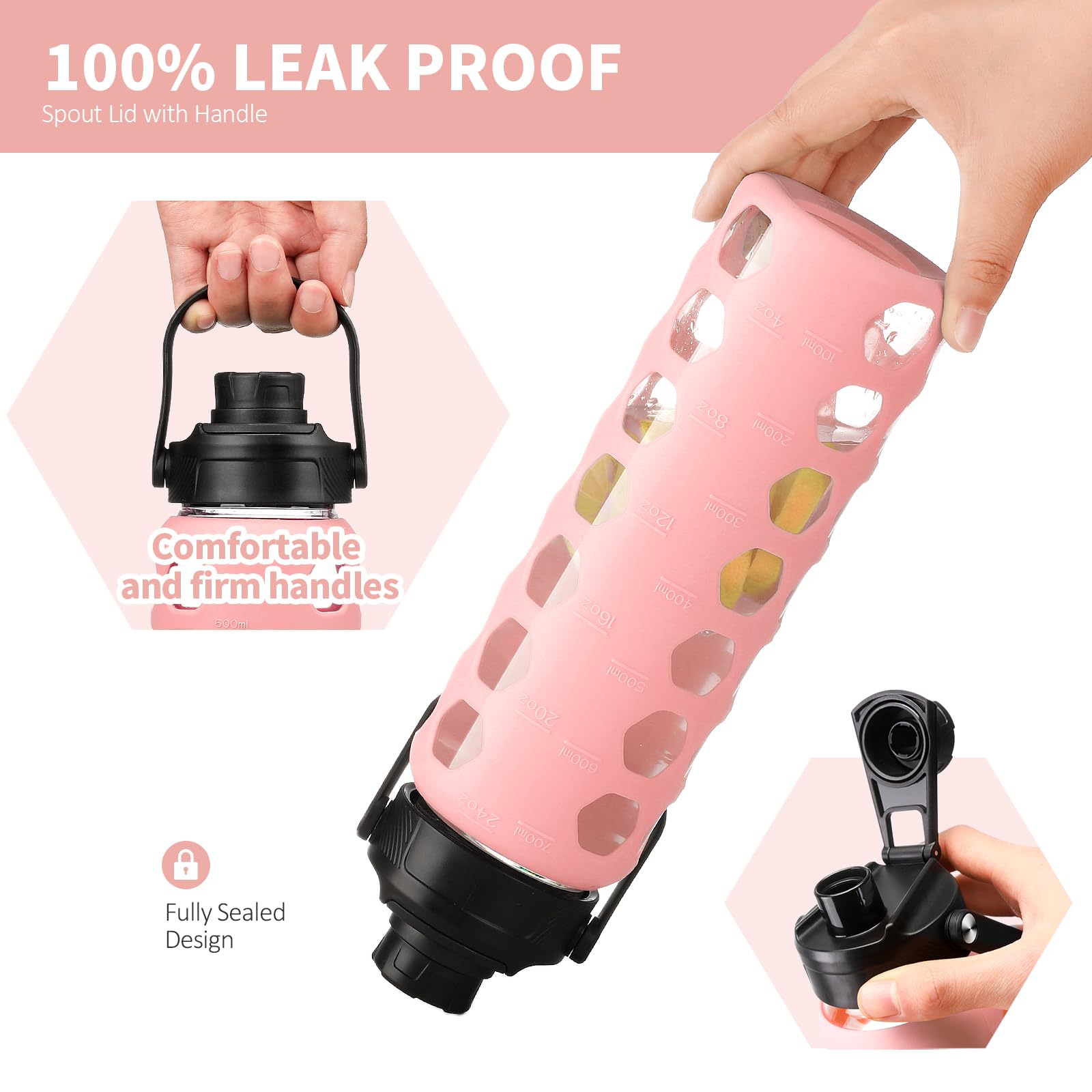 HYDRAGLAZIC 700ML Glass Water Bottle with 2 Flip and Bamboo Straw Lids Sports Water Tumbler with Time Reminder and Silicone Sleeve Leak-proof BPA Free - Image 3