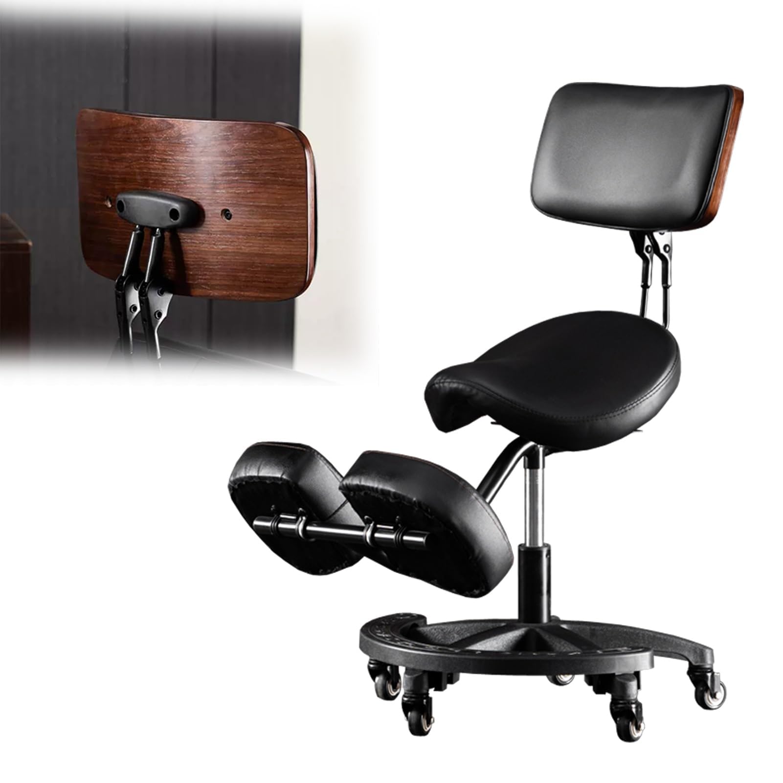 ZLGONRL Ergonomic Saddle Posture Chair Adjustable Height Saddle Chair Angled Kneeling Seat with Backrest and Footrest, Rolling Stool