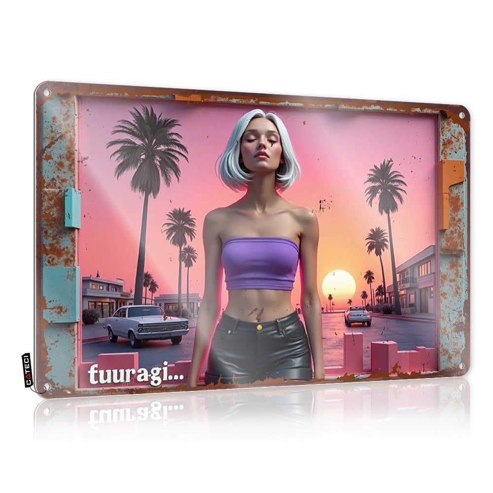 IBWNBBUSN Tin Metal Bar Signs Vibrant Sunset In Retro Cityscape With Stylish Woman Tin Sign Room Signs For Bedroom Funny Tin Sign(30X40CM)