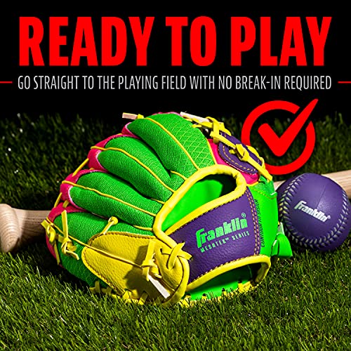 Franklin Sports Kids Baseball Gloves - Meshtek Child's Tball Glove + Ball Set - Boys + Girls Teeball Mitt Set - Kids + Toddler Right Hand Throw - 9.5",Purple/Pink/Yellow #TOP3
