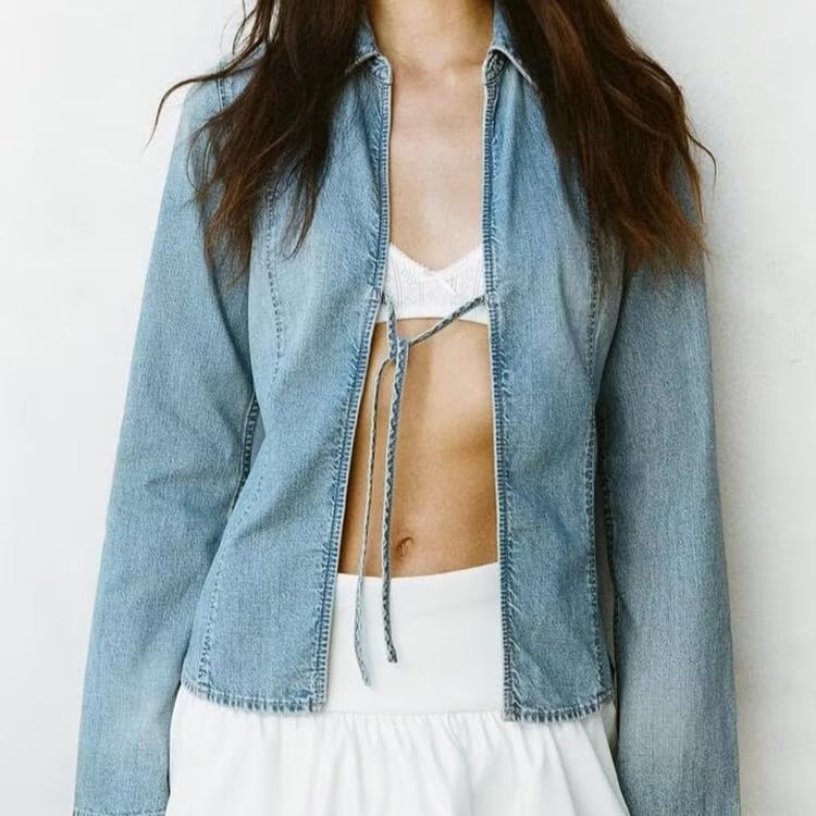 Cropped Jean Jacket Women Tie Front Tops Long Sleeve Bow Top Y2k Denim Blouse Denim Shacket Spring Fashion4