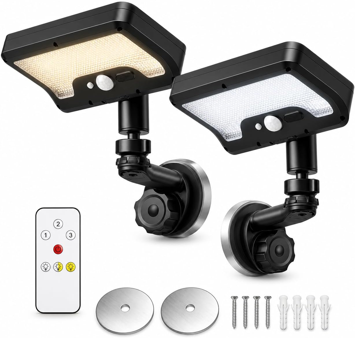 Magnetic Solar Lights Outdoor, 2 Pack RV Exterior Solar Motion Sensor Lights with Remote Control, 3-Color Temp, 92LEDs 600LM, 360° Rotatable Head, IP65 Waterproof for Camper Garden Fence