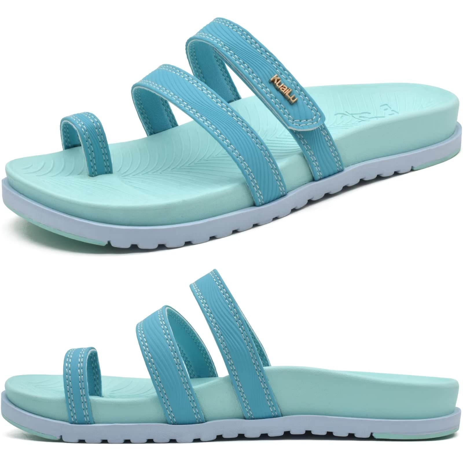 KuaiLu Womens Slides Sandals with Plantar Fasciitis Arch Support Fashion Comfort Adjustable Flat Sandals Ladies Lightweight Orthotic Slip on Sandals