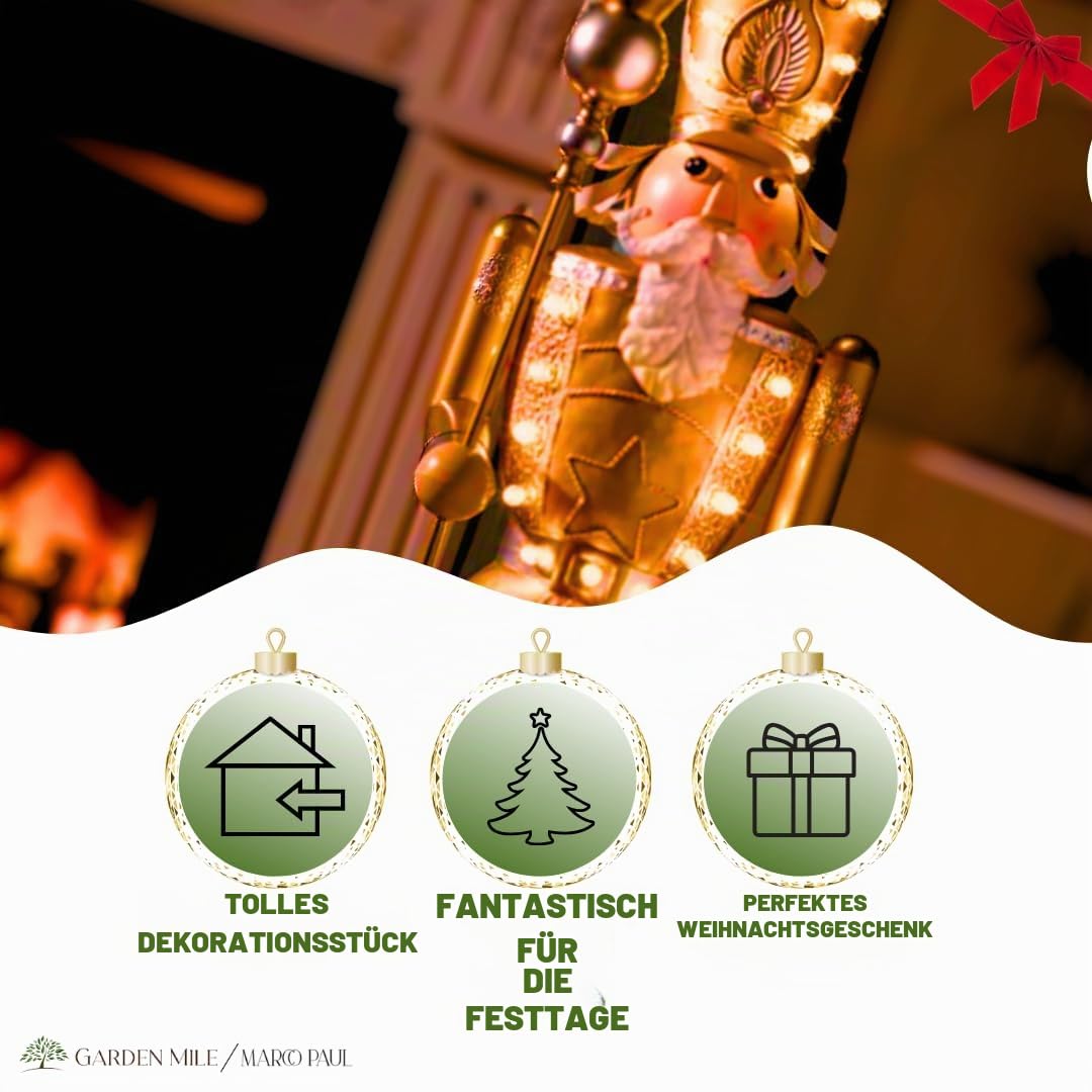 Marco Paul Riesen-Nussknacker, 119 cm, Weihnachts-Metall beleuchtet traditionelle Festliche Figur mit 23 warmweißen LEDs Innendekoration, Neuheit, Ornament batteriebetrieben, beleuchtet (Gold & Weiß)