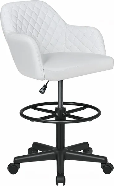 VECELO PU Leather Drafting Chair with Low Back and Footrest Ring, Height Adjustable, Swivel Rolling Wheels, for Drawing/Standing Desk/Office, White