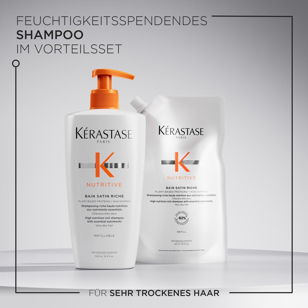 Kérastase Nutritive Bain Satin Riche Nachfüllset, Feuchtigkeitsspendendes Haarbad bei sehr trockenem Haar, Enthält: Nutritive Bain Satin Riche 500 ml im Pumpspender sowie 500-ml-Nachfüllpackung