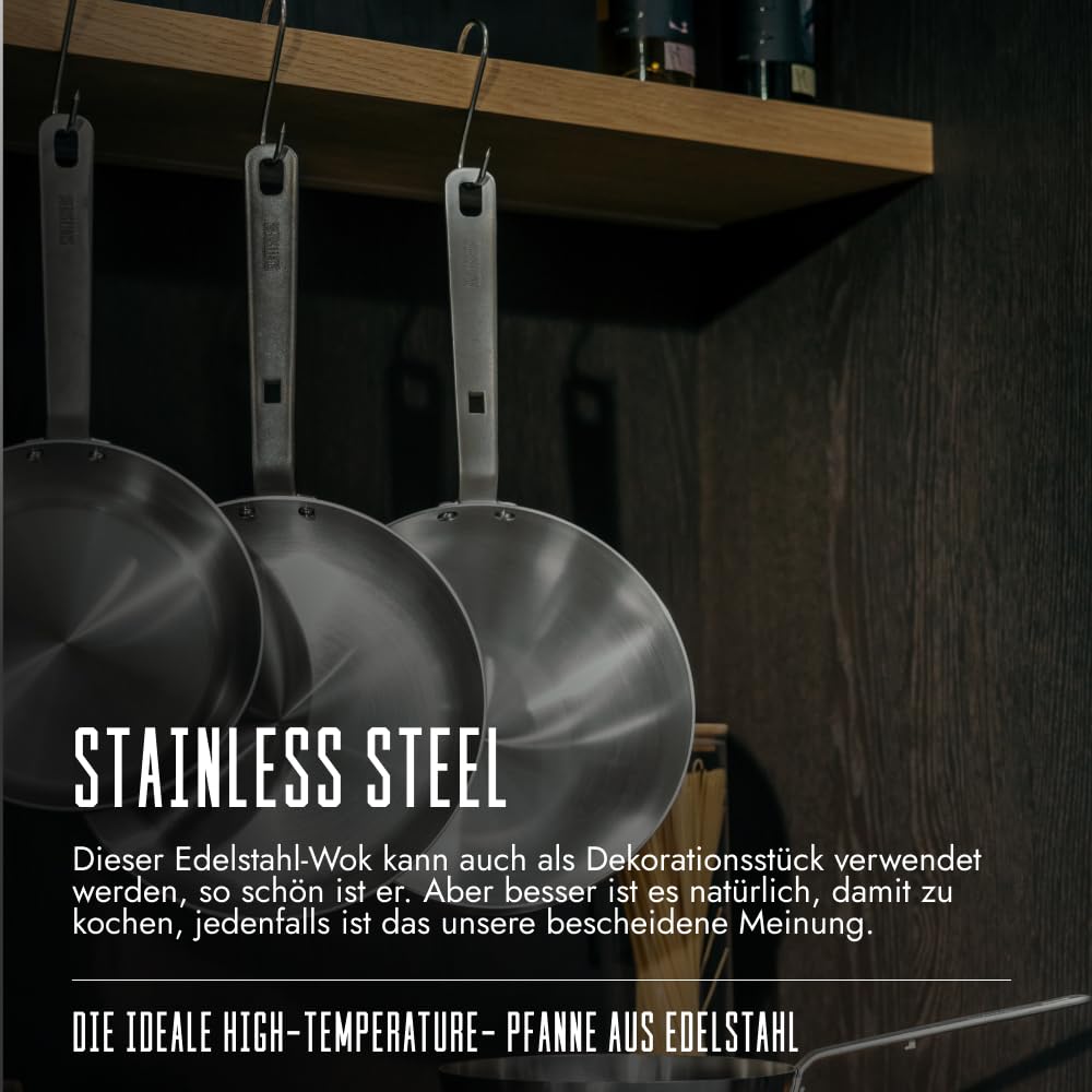 SKOTTSBERG Edelstahl Wokpfanne - Ø 28 cm – Unbeschichtet & PFAS‑frei, spülmaschinenfest,- für Induktion, Gas, Ceran & Backofen