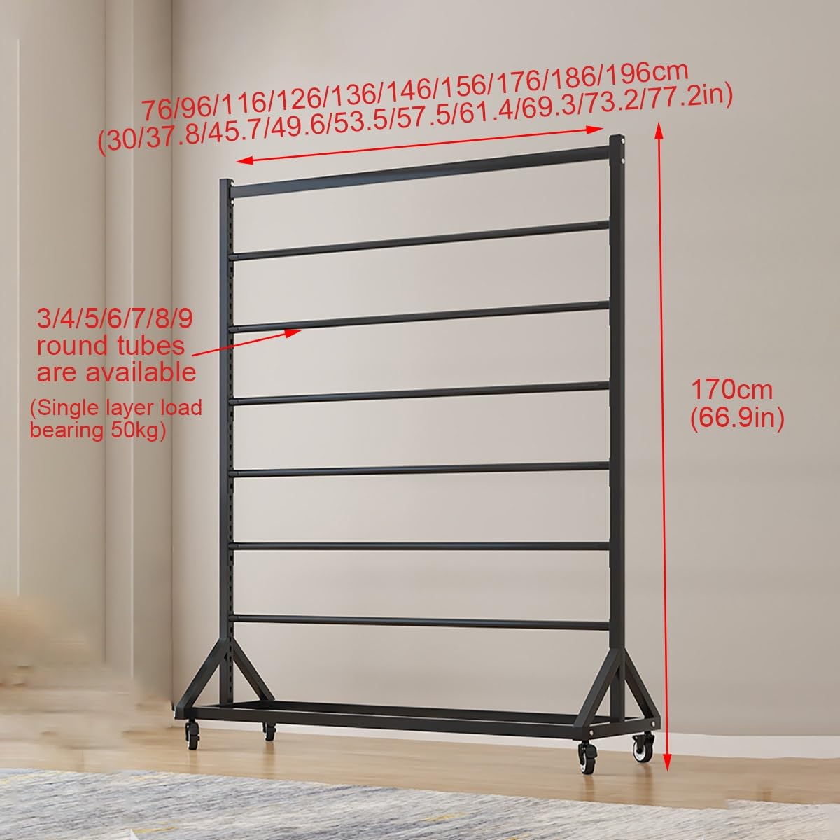 Supporto per rotoli di tessuto commerciale, supporto organizer in acciaio resistente con rulli a 360° e asta di sospensione regolabile, espositore per rotoli di vinile, tovaglie(6T,186cm)