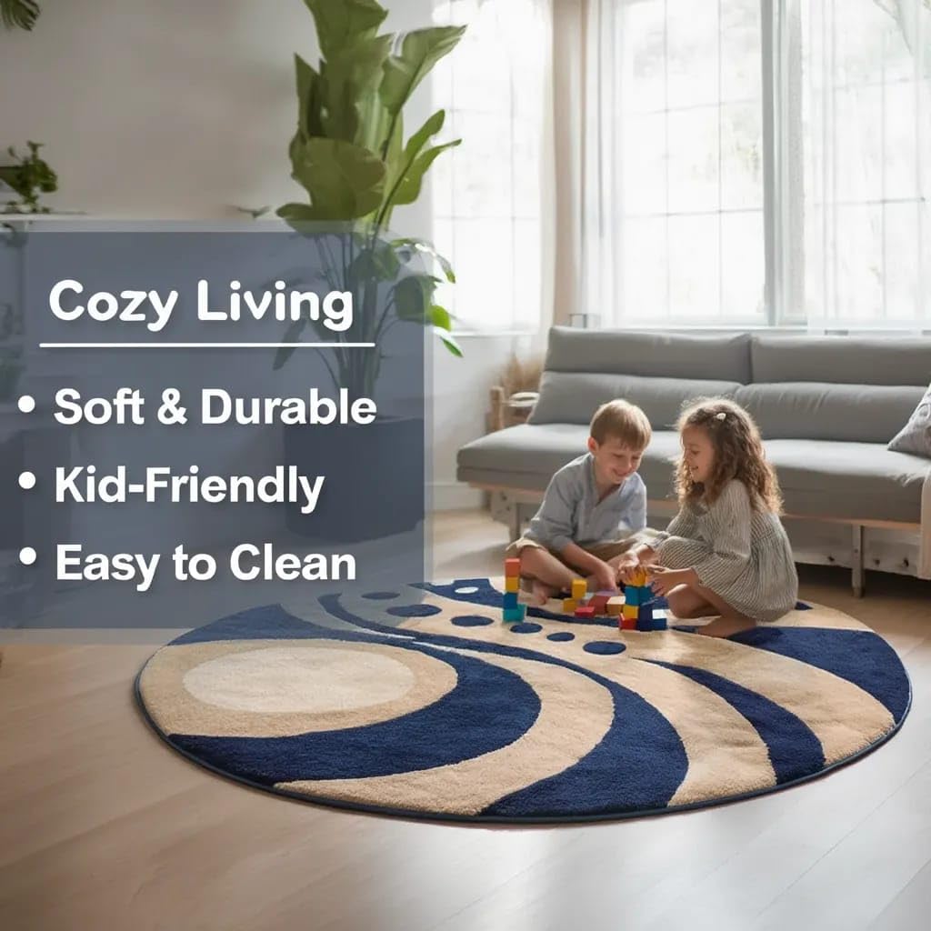 Modern Abstract Round Rug - Blue & Beige -7 Modern Abstract Round Rug - Blue & Beige -7