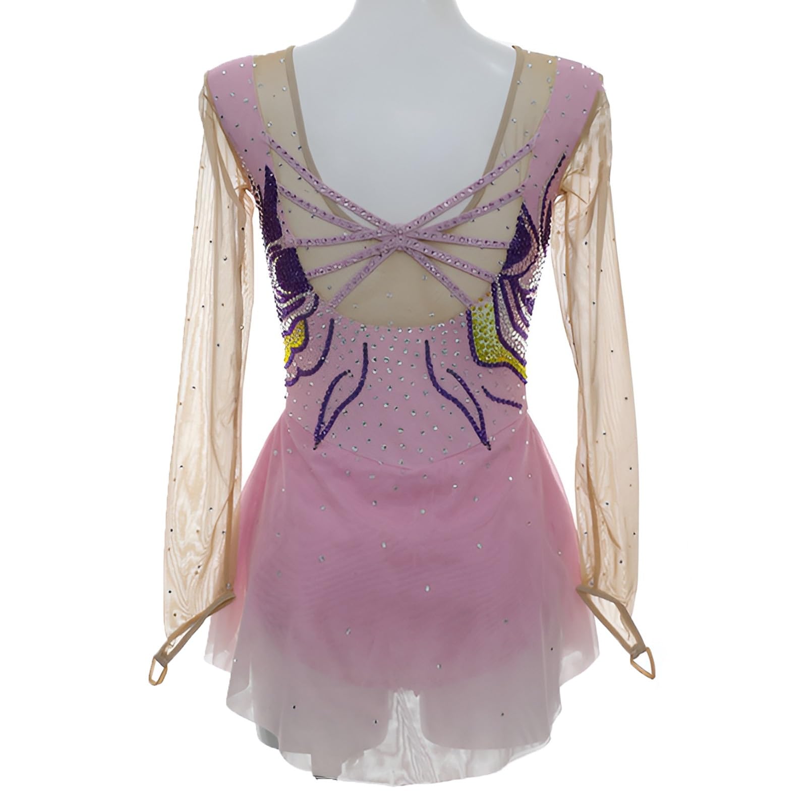 Girl's Shiny Competition Figure Skating Dress, Women's Handmade Long Sleeve Ice Skating Dresses, Customizable(Medium) Pink