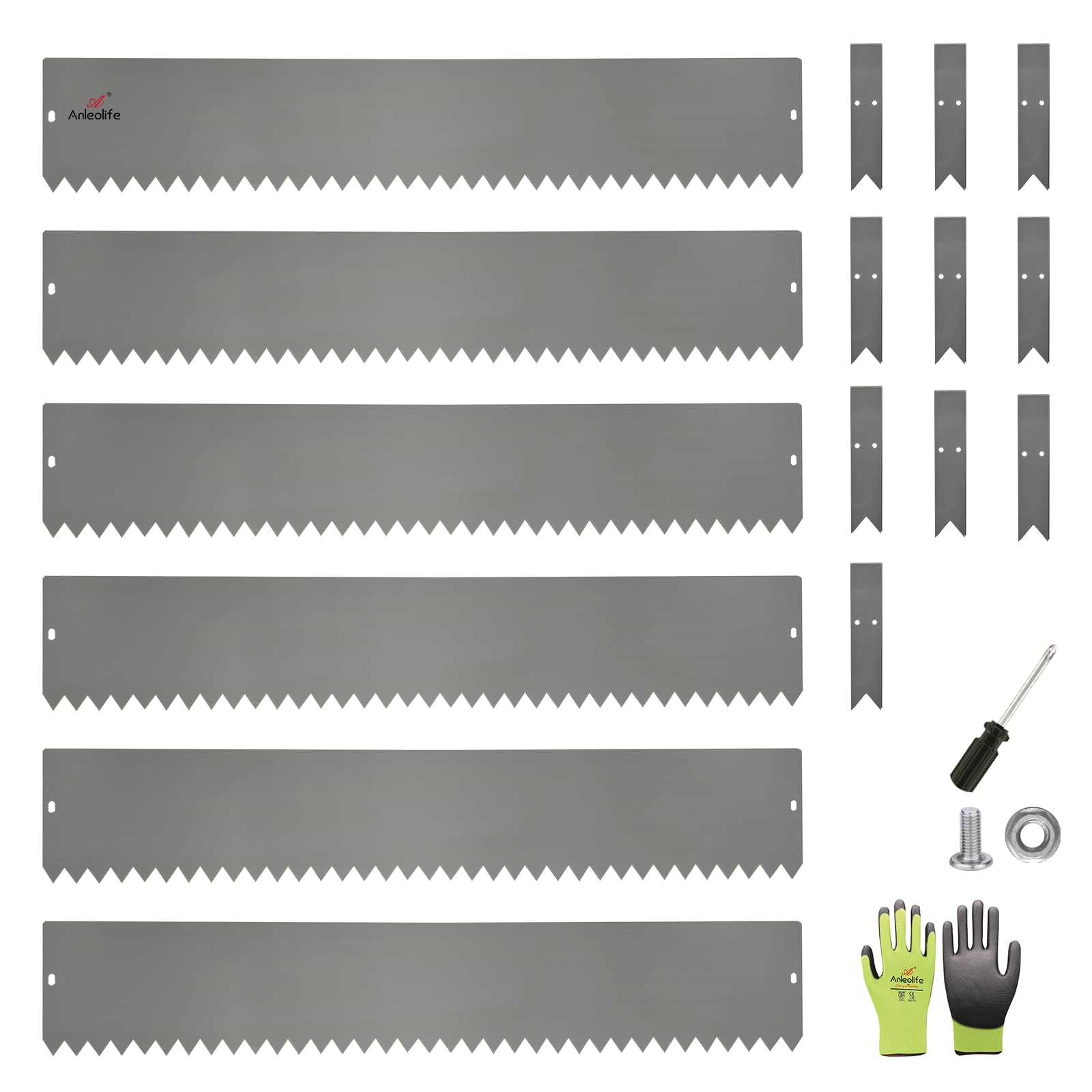 A ANLEOLIFE 6 Pack 40" LX 8" H Galvanized Steel Garden Landscape Edging, Bendable Hammer-in Metal Lawn Border with Gloves and 10 Stakes (20FT Total) (