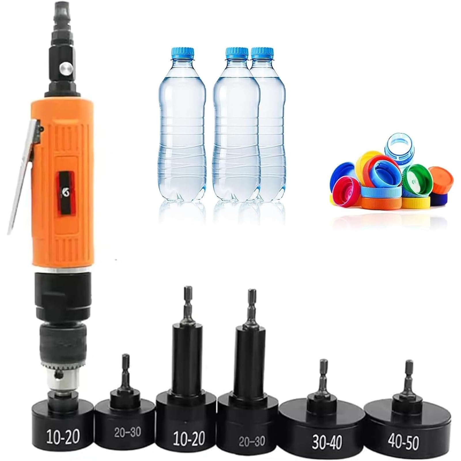 XNZJHPP 10-50mm Pneumatic Capping Machine for Bottles, 6 Heads Cap Locking, Adjustable Speed 2500RPM, Air Consumption 4.0CFM, Ideals for Circular Caps, Efficient and Versatile.