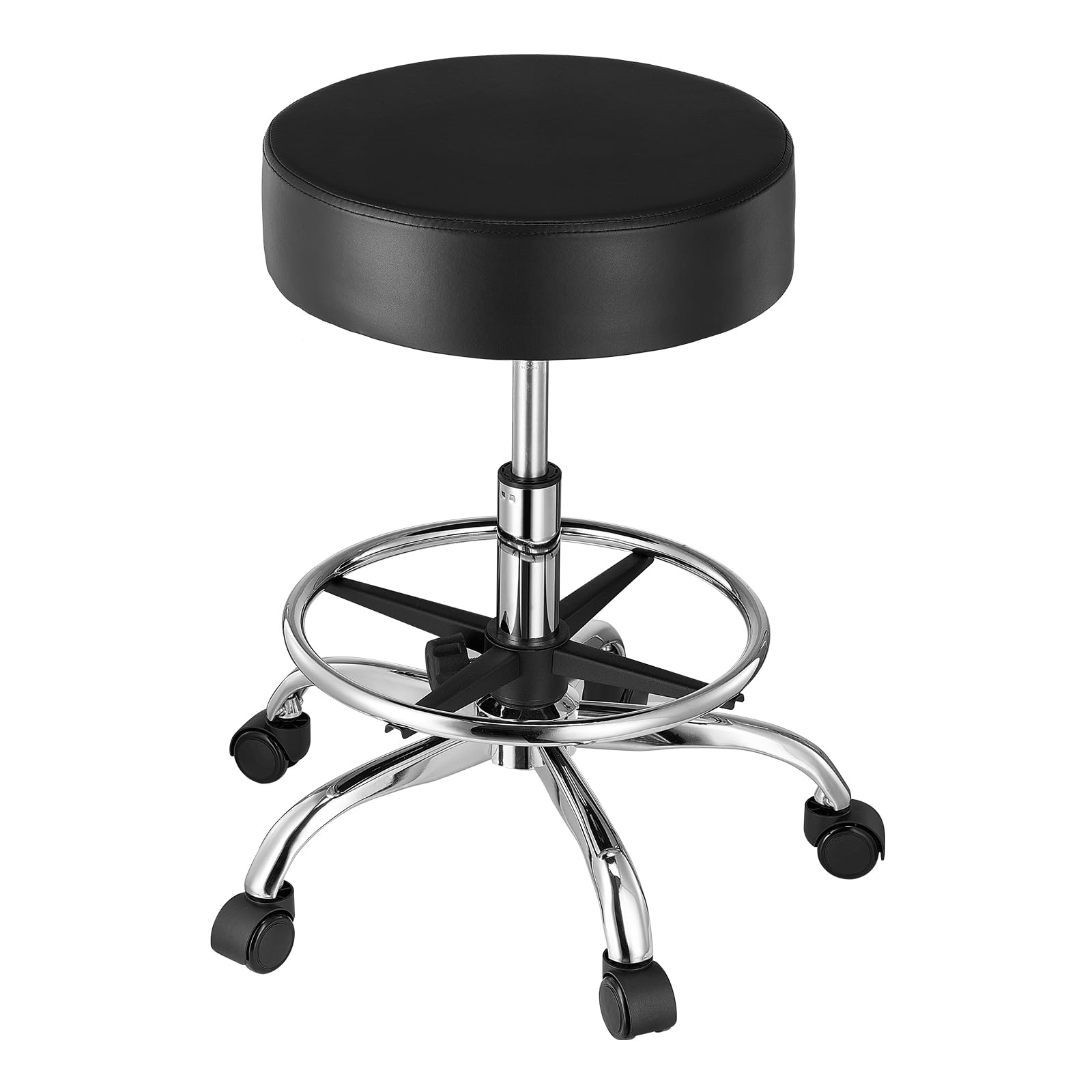 VEVOR Sattelhocker Rollhocker 204 kg belastbarer höhenverstellbarer (55-71 cm) Drehhocker Arbeitshocker mit Rückenlehne & Fußstütze, PU-Leder-Drehsattelstuhl für Salon Spa Massage Klinik Schwarz