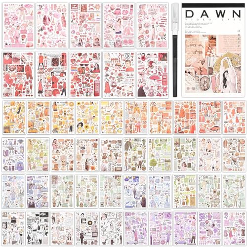 Image of HASTHIP 50 Sheets Vintage Washi Stickers, Scrapbook Stickers for Junk Journals, Aesthetic Sticker Book for Journaling Supplies, Art Bullet Journals, Scrapbooking and Paper Work, Home Decor