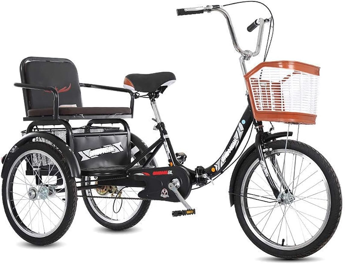 Adult Cargo Tricycles Beach Cruiser Bikes Shopping Safe Adult Tricycles with Shopping Basket and Back Seat 20inch 3 Wheel Bikes Single Speed Three-Wheeled Bicycles for Seniors City Bike