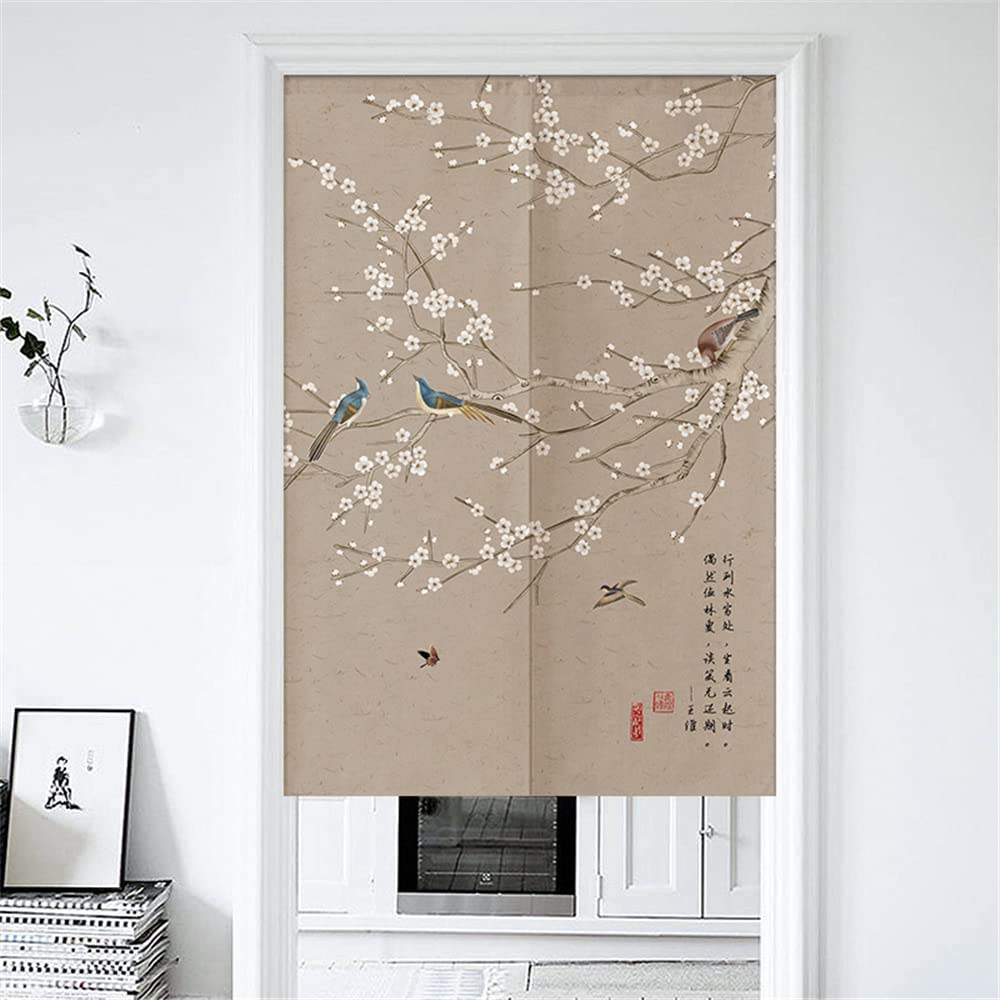 Hiseng Chinese Tradition Flower and Bird Painting Doorway Curtain, Japanese Noren for Home Decoration, Cafe Bedroom Kitchen Restaurants Partition Half-door Curtain (Thrush,80x120cm)
