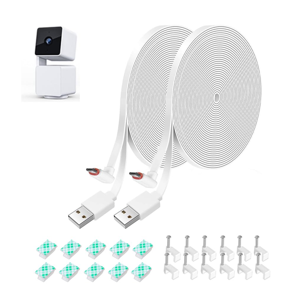 26FT Power Extension Cable for Wyze Cam Pan v3 Camera - Weatherproof 90 Degree Micro USB Cable, 2 Pack (White) - Not Compatible with Wyze Cam V3/V4