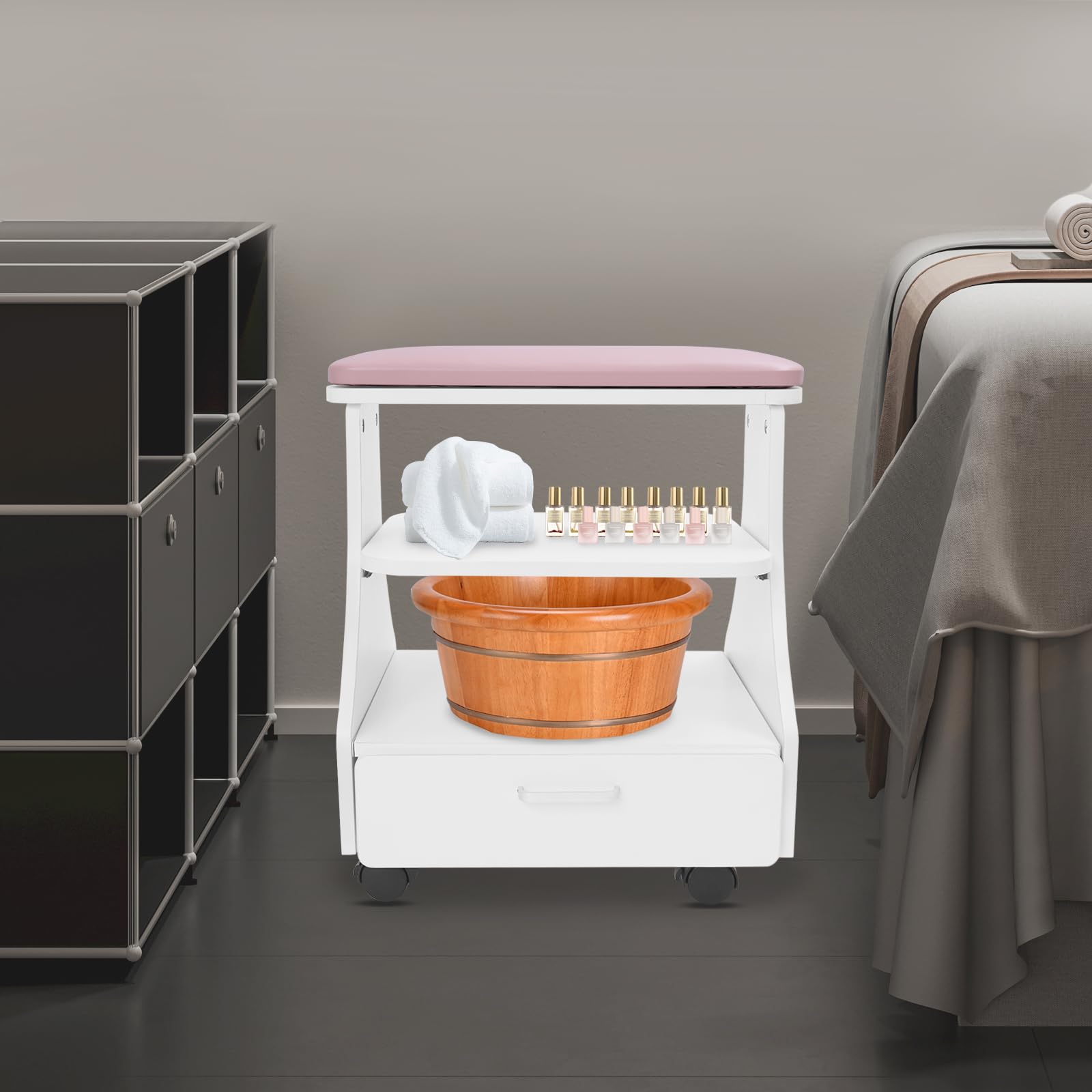 Chariot de service coiffure 3 niveaux 50 kg roulettes rose 52x41x55 cm manucure pédicure