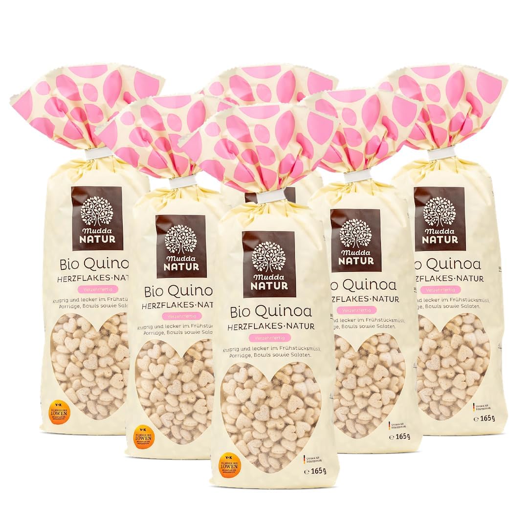 Mudda Natur Bio Quinoa Herzflakes Natur 12x165g aus Deutschland | glutenfreie Bio Frühstücksflakes aus Quinoa, ohne Zuckerzusatz, vegan, knusprig