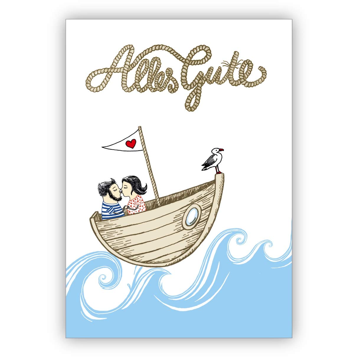Grußkarten Set (10Stk) Romantische Glückwunschkarte auch zur Hochzeit mit Pärchen im Boot: Alles Gute • edle Klappkarte mit Umschlag innen blanko