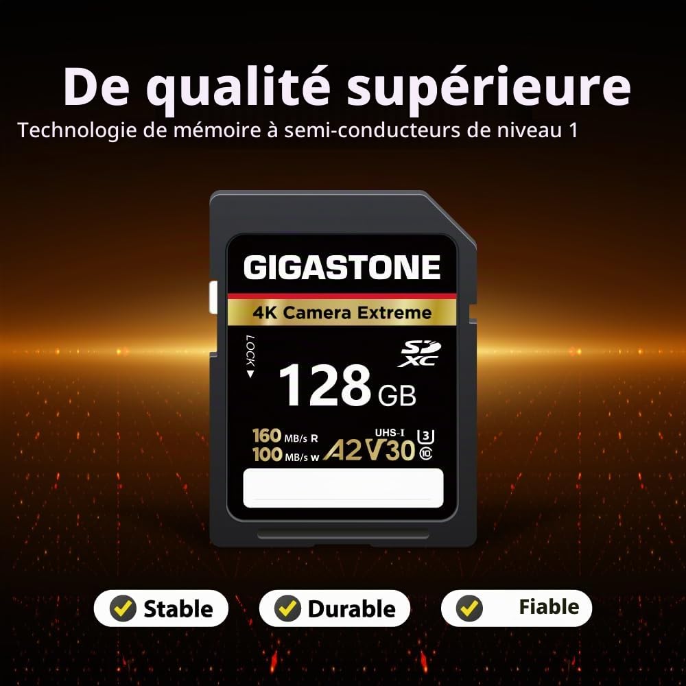 Gigastone A2 V90 Carte Mémoire SDXC 128 Go, 4K Caméra Extreme Série, Vitesse 160 Mo/s. Compatible avec Caméra Canon Nikon Sony Panasonic, U3 UHS-I Classe 10 pour 4K UHD Vidéo, avec 1 Mini étui