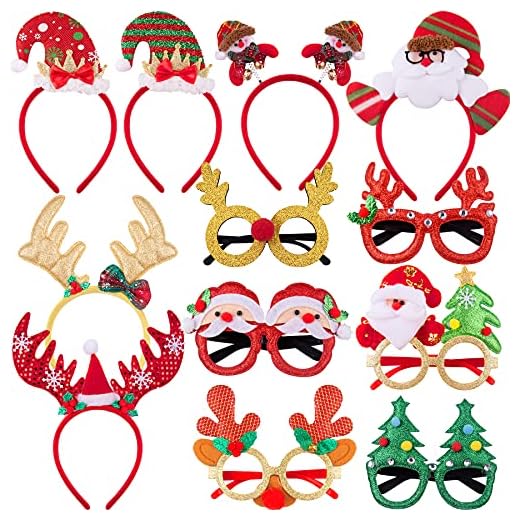 SIQUK 6 Piezas Diadema Navideña y 6 piezas de Gafas de Navidad para Disfraz de Reno Divertido Diadema Árbol de Navidad Anteojos para Fiestas y Decoraciones Navideñas