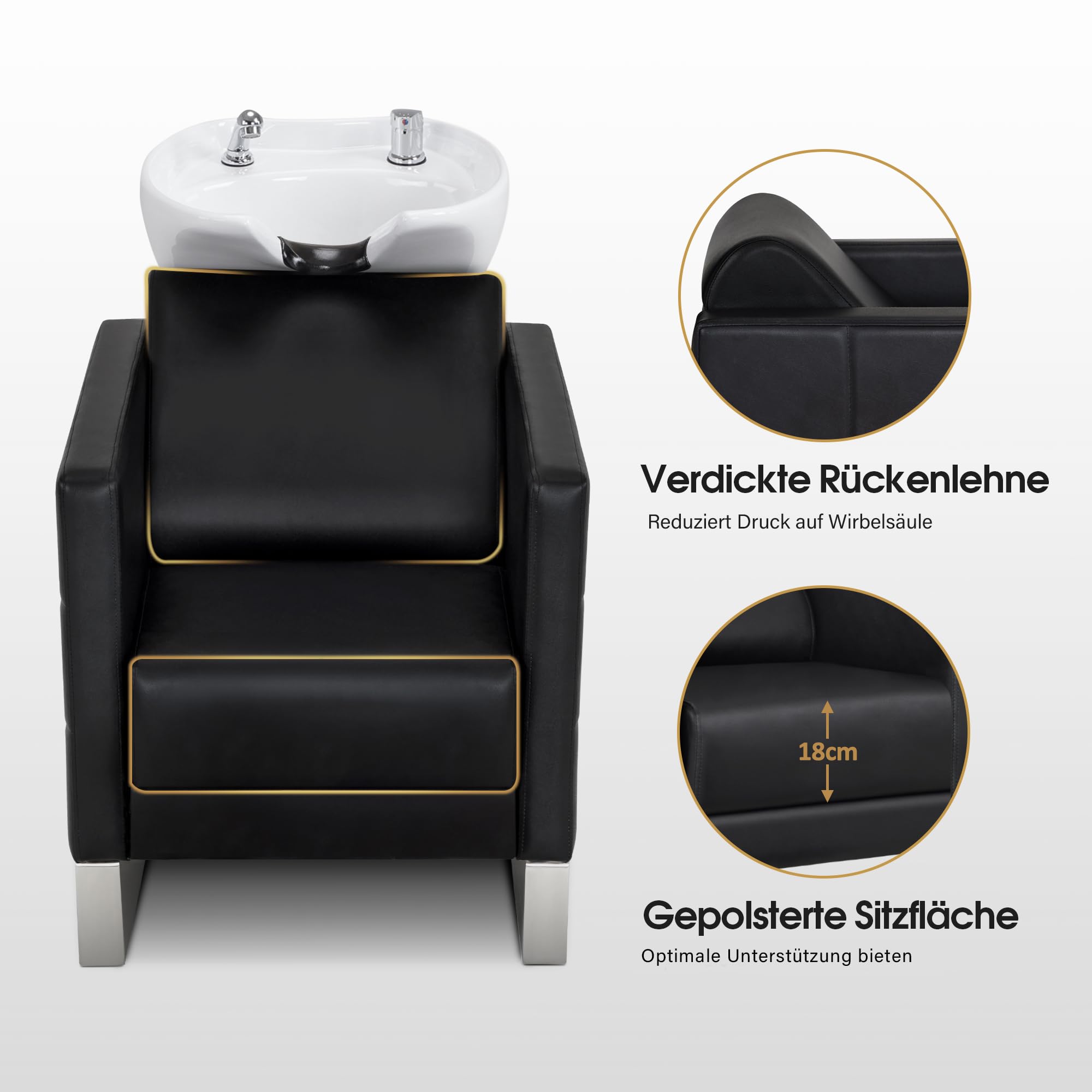 Sedia da barbiere con lavandino in acciaio inox e ceramica regolabile 8611 (Bianco/Finta Pelle)