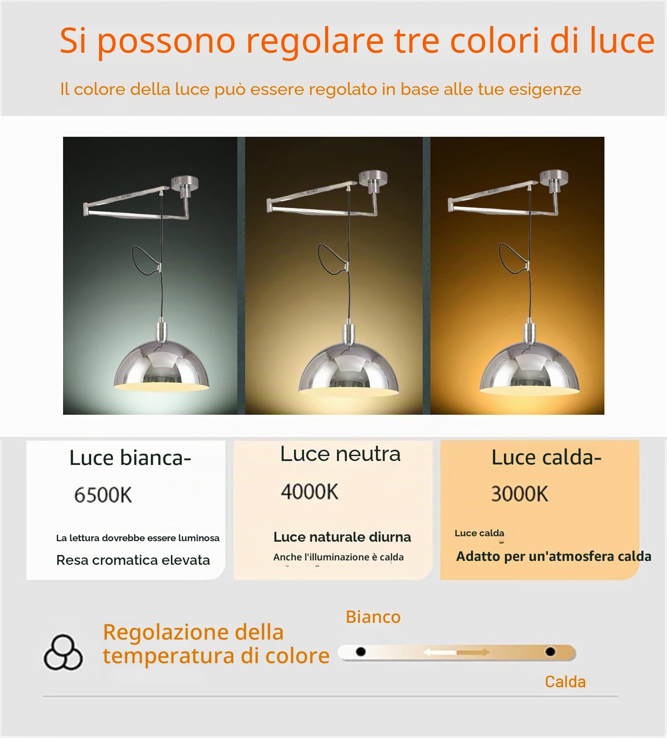 Lampadario a Braccio Oscillante a Sospensione Plafoniera con Braccio Regolabile Lampadario a Sospensione con Braccio Oscillante a 3 Colori Luce da Soffitto Industriale Lampadario a Cupola per Sala da