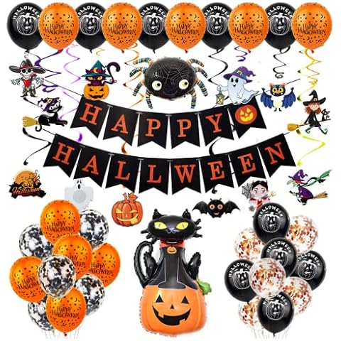 62 Pieces of Halloween Party Decorations, Halloween Party Supplies Including Large Pumpkin and Spider Balloons, Banners, Hanging Swirls, Party Sets With Halloween Themed Balloons Cover