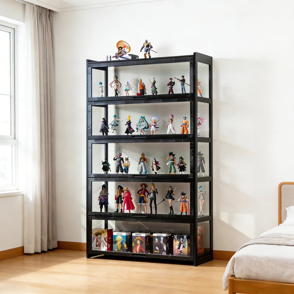 EastEamily フィギュアケース コレクションケース 5段 幅100cm 奥行き34cm 高さ172cm 竹製 ディスプレイキャビネット 大容量 透明アクリルドア 密閉防塵設計 クリム 省スペース 模型 フィギュア おもちゃ コレクション リビングルーム・寝室・オフィス・手工芸品店対応 日本語説明書付き（ブラック）