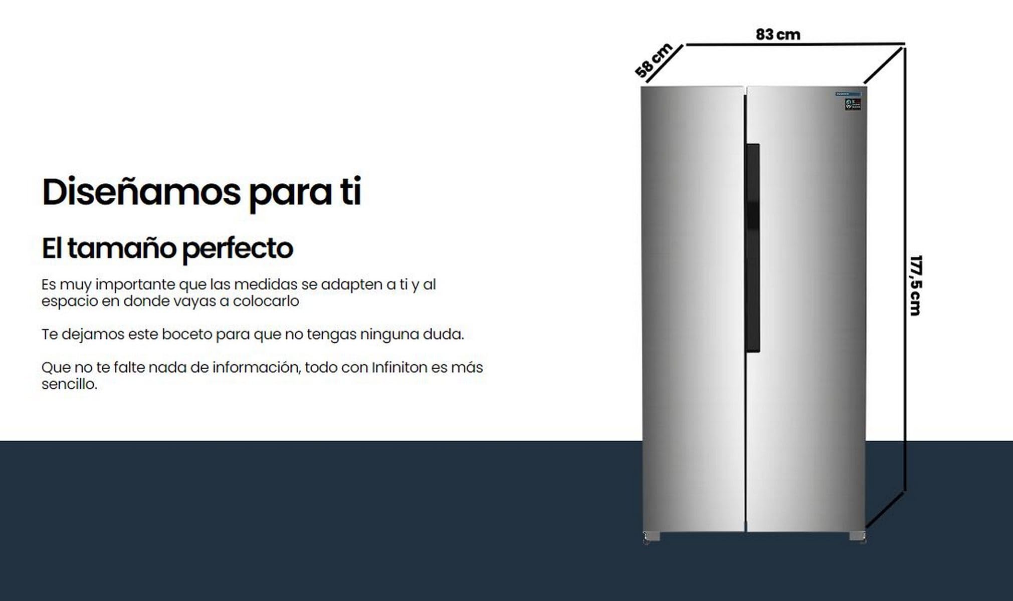 INFINITON Frigorifico Americano SBS-456A78XEL, 410 l, 177 cm de Altura, No Frost Total, Ancho Especial de 83 cm, Fast Cooling y Fast Freezing, E, Led Interior, Inox