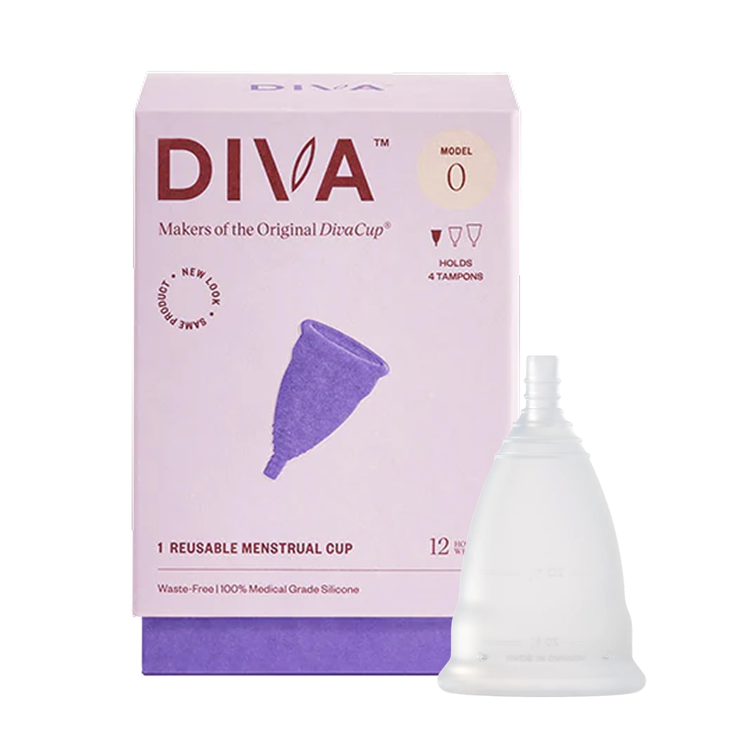 DIVA Cup - Medical Grade Silicone Cup for Period Care - Reusable Menstrual Cup - Up to 12 Hours of Continuous Wear - Model 0 (for Slim Vaginal Canals & First-Time Users)