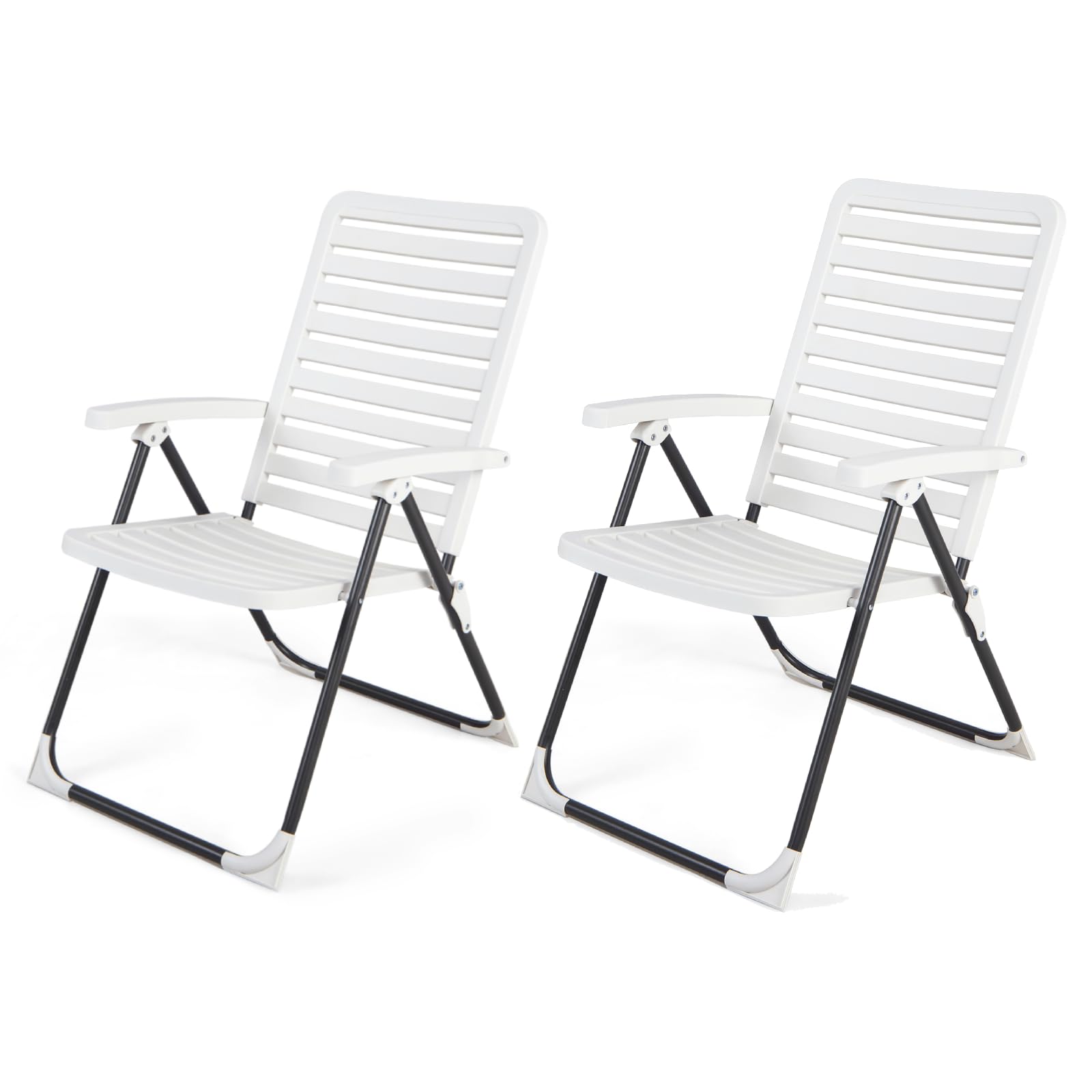 Multigot Set of 1/2 Folding Garden Chairs, 7-Position Adjustable Outdoor Sun Lounger, All-Weather High Back Reclining Deck Chair Portable Plastic Patio Lounge Chair for Porch Poolside (2)