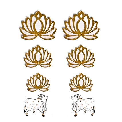 Adikala Pichwai Cow MDF Cutout & White Color Acrylic Lotus Flower Cutout for DIY Craft | Design for Diwali | Dussehra | Rangoli | Pooja | Festival Gift | Wedding Decorations-Set of 8