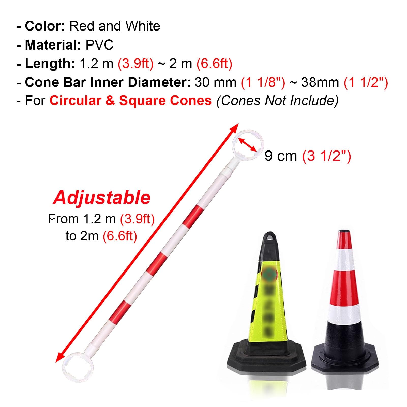 Barres de Cônes de Circulation Cônes de Signalisation Routière pour Barricades, Barres Télescopiques avec Film Réfléchissant, Poteau de Raccordement pour Cônes de Chantier(Ring 9 cm (3 1/2“),10pcs)