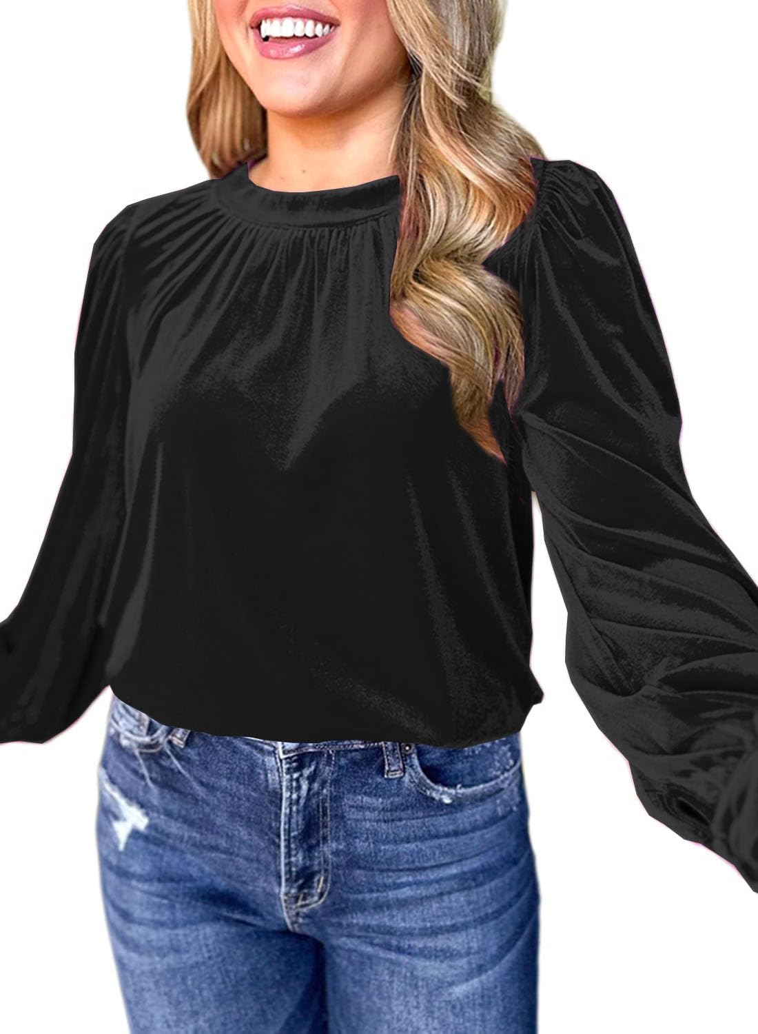 Womens Puff Long Sleeve Velvet Tops Fall Winter Trendy Dressy Cute Elegant Ruched Holiday Tunic Shirts - Image 2