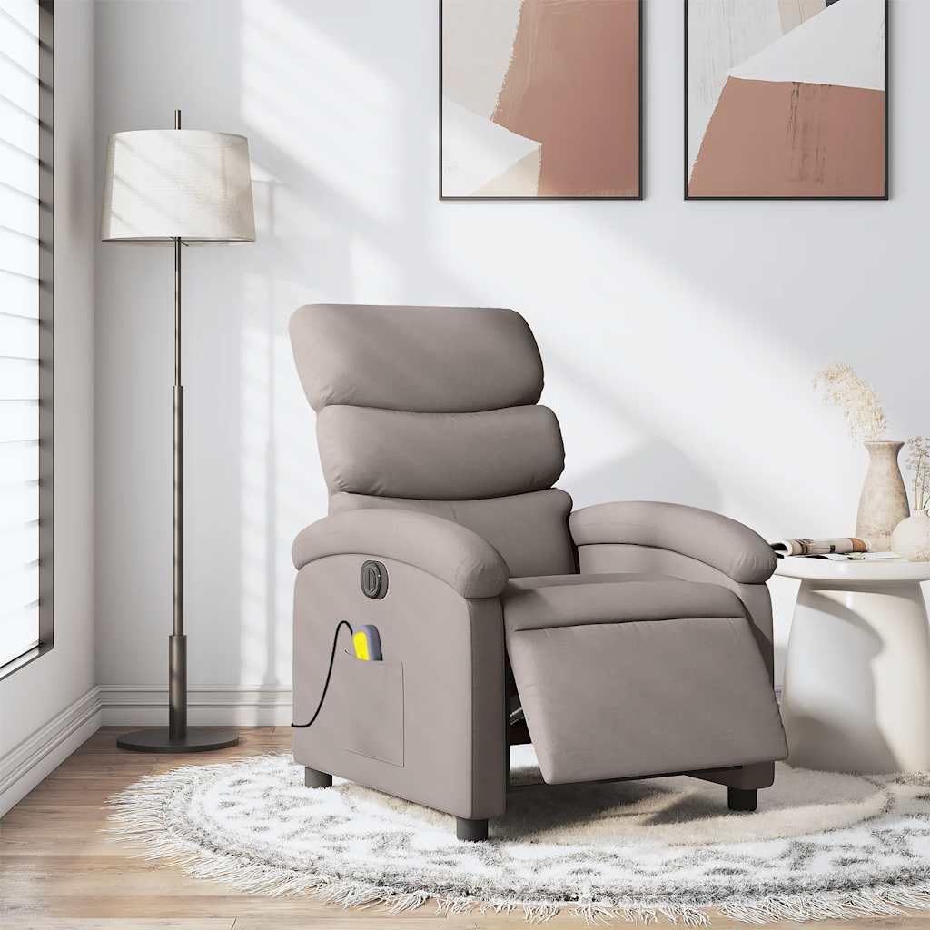 Massagesessel elektrisch mit 6-Punkt-Vibrationsmassage Taupe Stoff, verstellbare Rückenlehne und Fußstütze, bequemer Polsterstuhl mit Holz Metall Gestell, ideal für Wohnzimmer, Büro