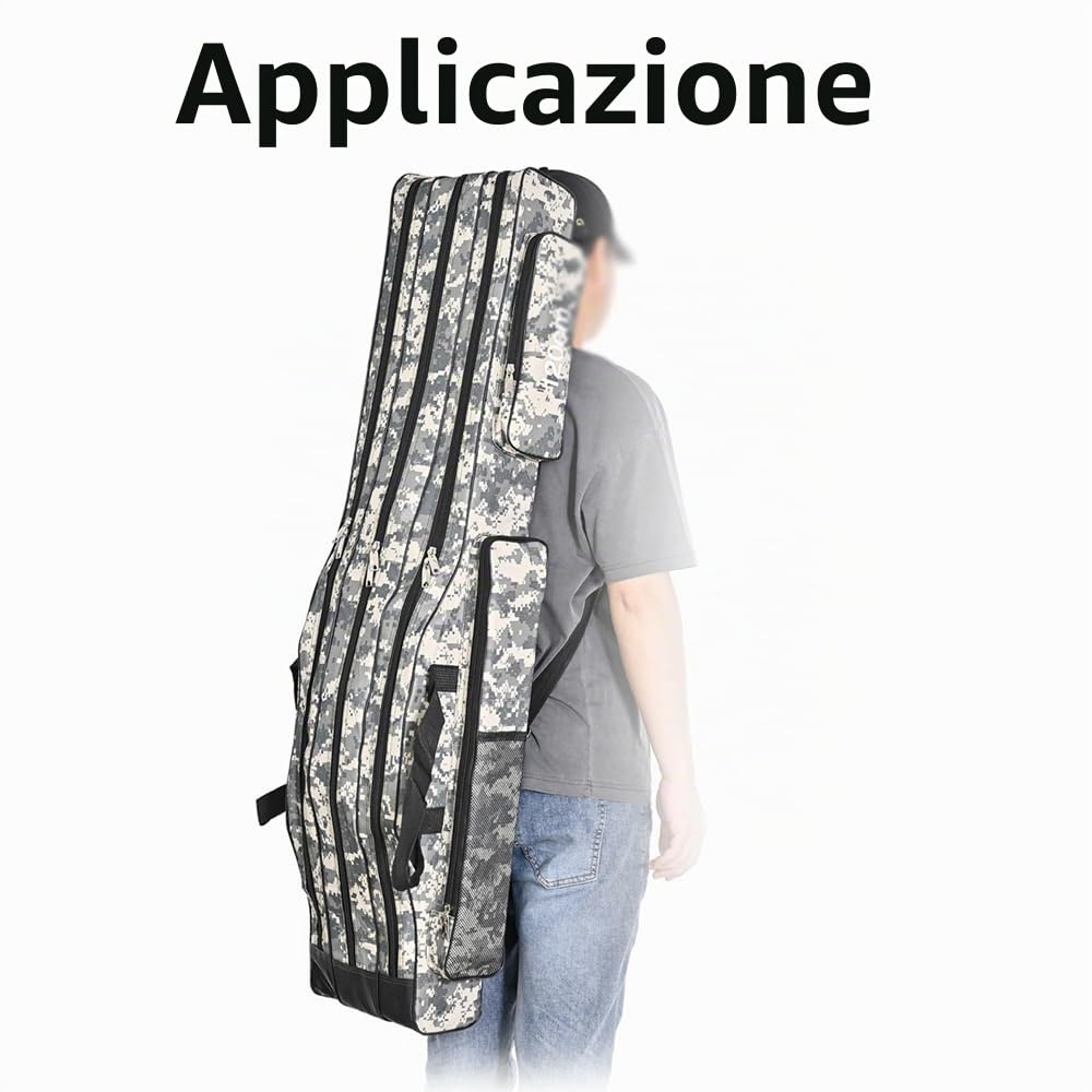 Borsa da Pesca Portatile Mimetica - 120 cm 150 cm, Grande Capacità, Custodia per Mulinello e Attrezzi Con Esche, Grigio Mimetico, L (150cm), Moderno