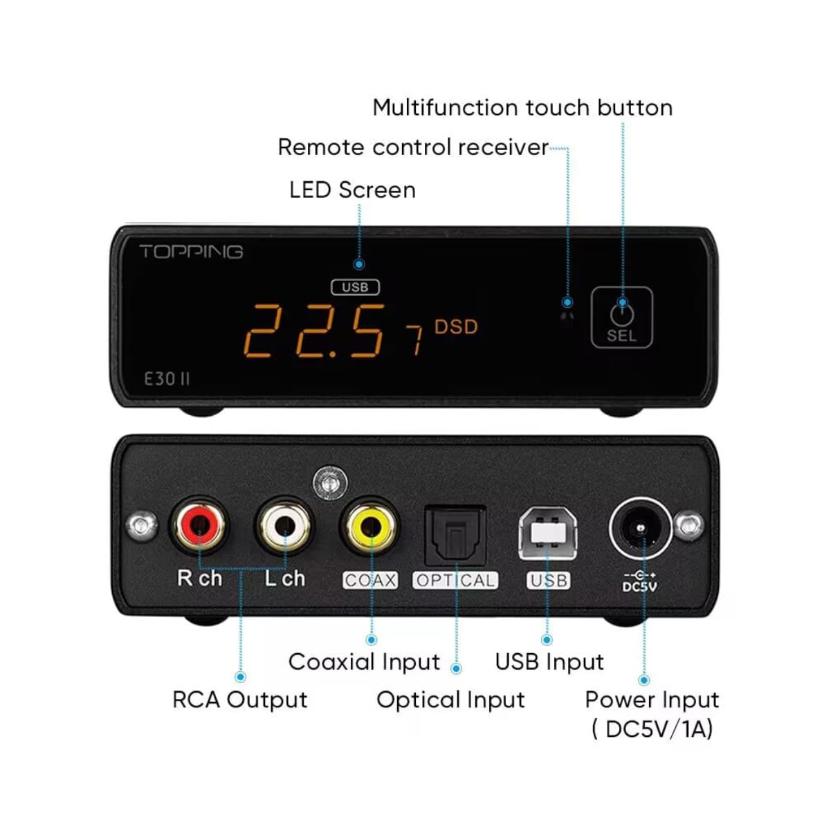 Topping E30II Lite USB DAC: AK4493S XMOS XU208 DSD512 PCM32bit/768kHz DAC, ingresso USB/OPT/COAX Convertitore D/A HiFi Audio Preamp DAC (Nero)
